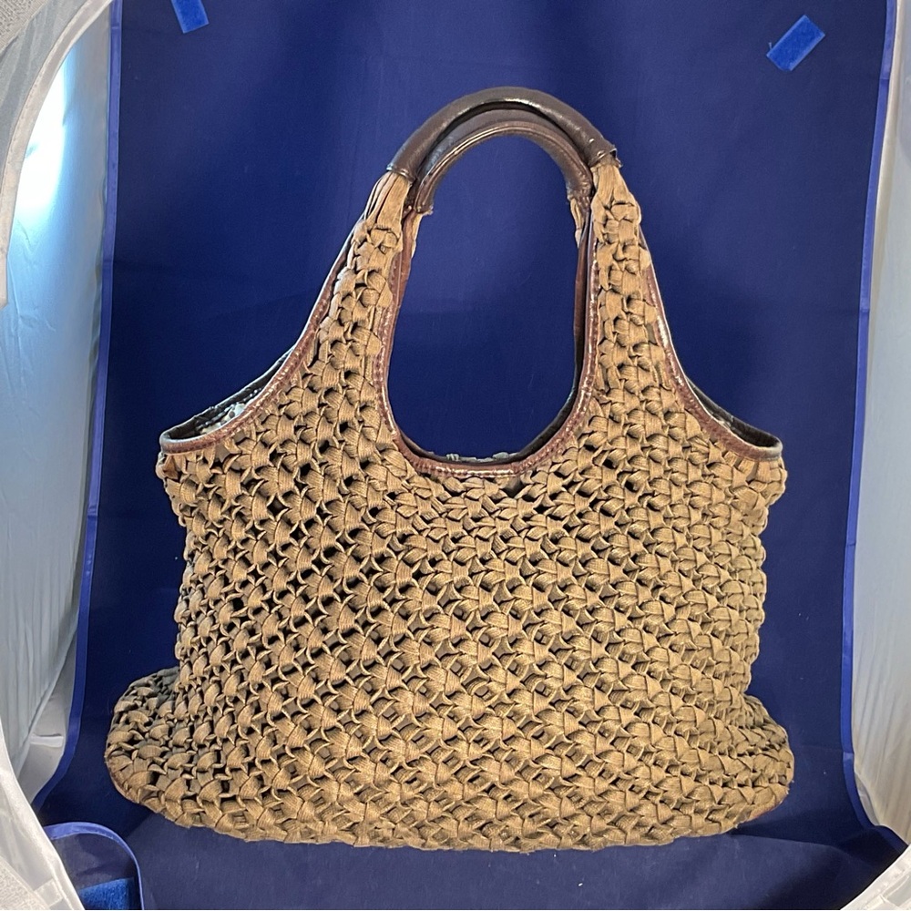 Banana Republic Woven Textile Safari Tote Bag Leather Handles Festival Boho - Picture 15 of 15